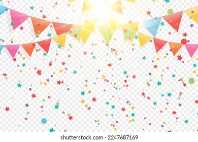 Lots of colorful tiny confetti and ribbons on transparent background. Festive event and party. Multicolor background.Colorful bright confetti isolated on transparent background.