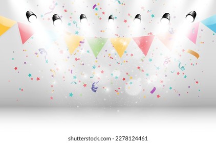 Montones de pequeños confetti coloridos y cintas sobre un fondo transparente. Festividad y fiesta. Fondo multicolor.Comprimido colorido y brillante aislado sobre fondo transparente.
