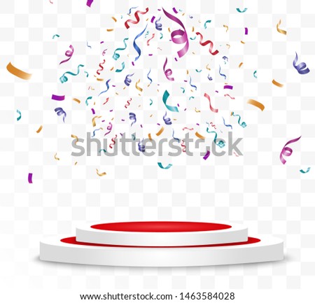 Lots of colorful tiny confetti and ribbons on transparent background. Festive event and party. Multicolor background. Colorful bright confetti isolated on the podium.