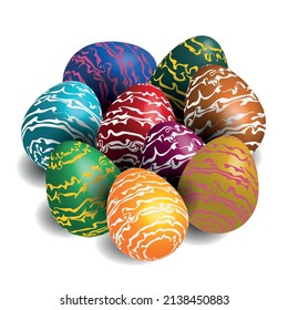 Lots of colorful voluminous Easter eggs for the spring Easter holiday on a white background