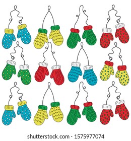 Lots of colorful winter mittens for men and women. Vector drawing.