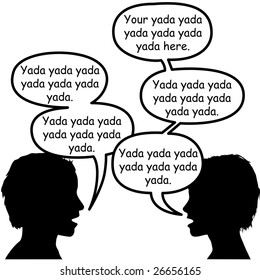 Lots of copyspace for your text, Man & Woman have a conversation in 5 speech bubbles.