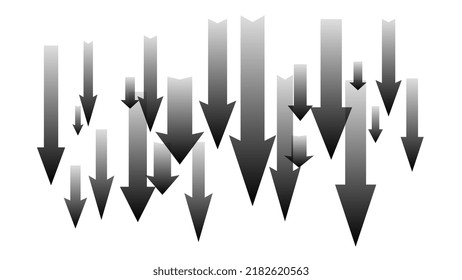 Lots of crossed black arrows pointing down isolated on white background. Symbol of falling market or economy. Vector illustration.