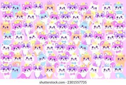 Lots of cute colorful kawaii kittens wearing crowns on pink background in flat vector style. Festive background, graphics, banner, greeting card. Vector image.