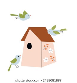 Lots of cute houses for birds with different shapes and decorations.