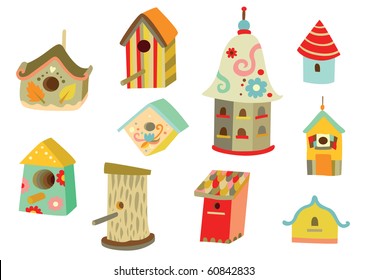 Lots of cute houses for birds with different shapes and decorations.