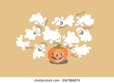 Muchos pequeños fantasmas lindos vuelan alrededor de una calabaza de Halloween y gritan "Booo"