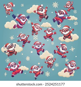 Lots of cute Santa Clauses, jumping, swooping, flying, having fun. All vector, so they're scalable