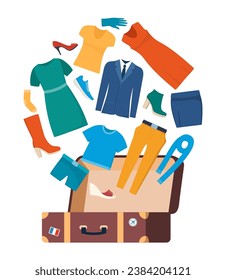 Lots of different clothes and suitcase. Packing luggage for business trip or vacation. Clothes and travel bag. Vector illustration