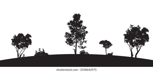 Lots of different shapes of black silhouette of Australian gum tress with white background