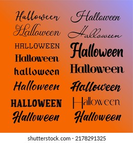 Lots of different text with the word HALLOWEEN. Handwritten halloween, with bones, with swirls and others. Text in curves. Vector text.