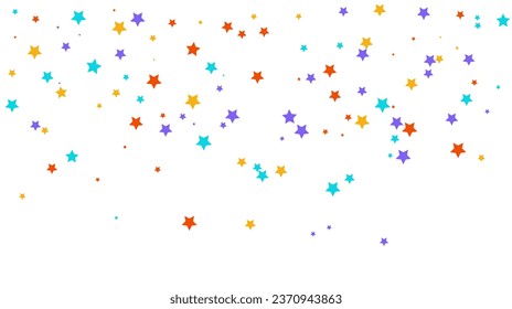 Lots of falling colorful confetti in the form of stars isolated on a white background.Flying Particles Illustration. Confetti Falling Design. Multi colored Carnival Invitation.