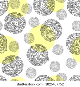 Lots of fettuccine pasta on a white background with yellow circles. Seamless pattern in retro style. Thin contour drawing.