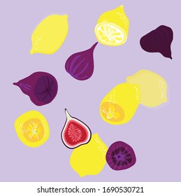 lots of figs and lemons. a bunch of fresh fruit