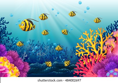 Lots of fish under the sea illustration