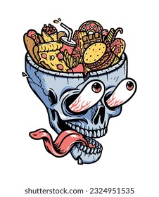 lots of food on top of the skull