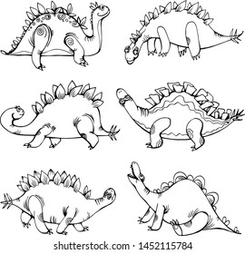 Lots of funny dinosaurs hand drawing, coloring book for kids on white background