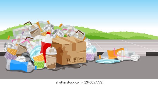 lots garbage waste plastic at walkway floor, many trash bottle paper box and glass plastic straws waste, lots of garbage bags plastic, pile garbage waste, pollution waste, 3r