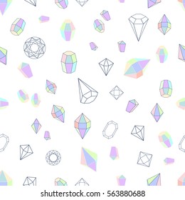 Viele Edelsteine. Abstrakte nahtlose Vektorillustration mit linearen isometrischen Elementen und Schnittsteinen. Geometrischer Memphis-Stil. Motive der 80er bis 1990er Jahre. Retro Textil Design Kollektion. Licht auf Weiß.