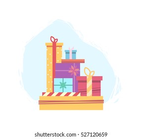 Lots of gift boxes for Christmas. Big set of beautiful colored packages for gifts. Gift boxes can be used for banners, flyers, posters, advertisements. Isolated vector illustration