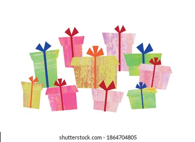 Lots of gifts. Illustration with collage-like textures.