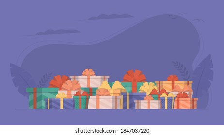 Lots of gifts. Multicolored gift boxes. Concept on the theme of New Year, Birthday and Valentine's Day. Vector.