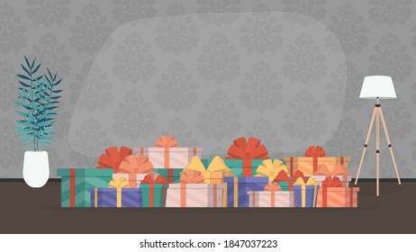 Lots of gifts. Multicolored gift boxes. Concept on the theme of New Year, Birthday and Valentine's Day. Vector.