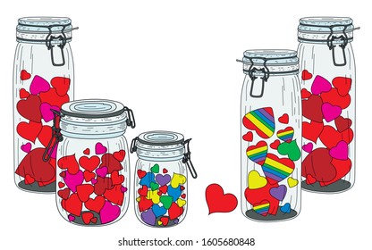 Lots of glass jars with colorful hearts. Vector drawing for design of cards, invitations, greetings.
