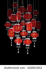 lots of glowing red Chinese lanterns on a
black background