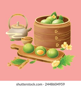 Lots of green mochi and a pot of tea