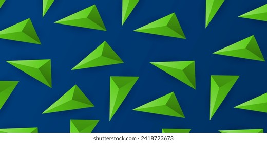 Lots of Green Triangle and Diamond 3D Shapes Texture - Geometric Mosaic Pattern on Dark Blue Background, Vector Design Template