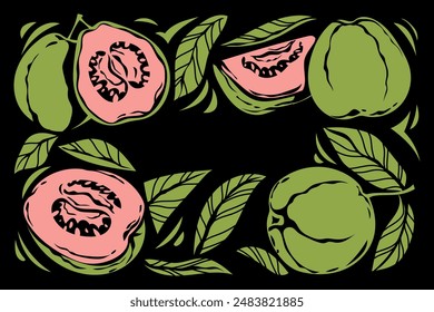 Lots of guava fruits with engraving style for background or template