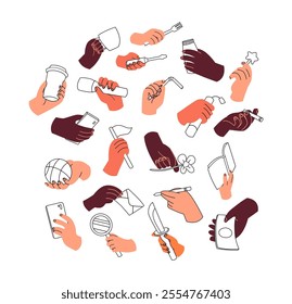 Lots of hands holding different objects. Hands with a cup, a magic wand, a banner, money, a microphone, etc. Vector illustration, hand-drawn. All elements are isolated