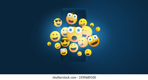 Lots of Happy Yellow Emoticons with Various Facial Expressions in Front of a Smartphone on a Dark Blue Background, Instant Messaging Concept Design