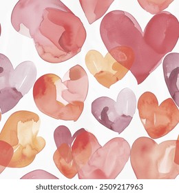 Lots of Hearts all kinds of shapes and sizes: Colorful Fun Watercolor Seamless Pattern Wallpaper Curtain Bedding Upholstery Fabric White Background Vector
