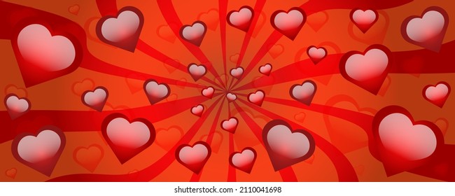 Lots of hearts with light reflections on a background with a gradient. swirling background. Red hearts for valentine's day. Romance and love.
