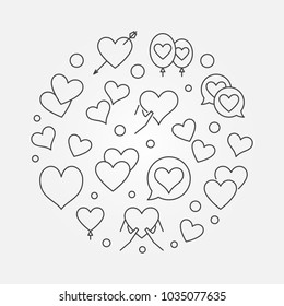 Lots of hearts in round shape vector modern Valentine's Day illustration in thin line style