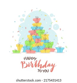 Lots Of Holiday Gift Boxes And Lettering Happy Birthday On White Background. Holiday Streamers And Confetti. Illustration Can Be Used For Holiday Design, Posters, Cards, Banners And Clothing Design