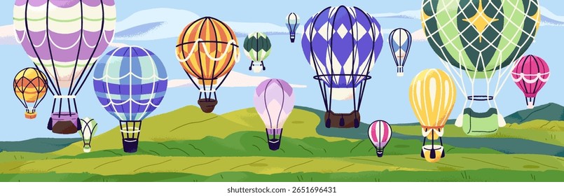 Lots of hot air balloons are flying in the sky. Summer landscape with many baloons with baskets among clouds. Travel, flight on ballons above meadows, mountains on vacation. Flat vector illustration