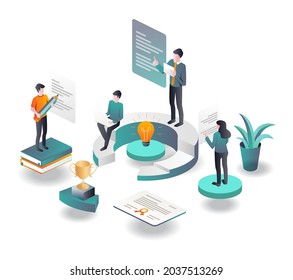 Lots of ideas for doing lessons at school in isometric illustration