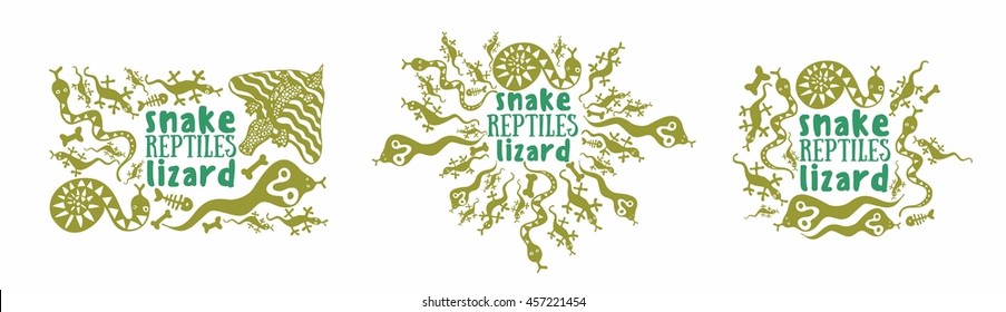 lots of images of lizards, snakes, reptiles, monochromatic drawing, funny reptiles