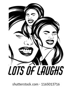 Lots of laughs. Vector hand drawn realistic illustration of happy girl with smile isolated. Creative artwork. Template for card, poster. banner, print for t-shirt, pin, badge, patch and label.