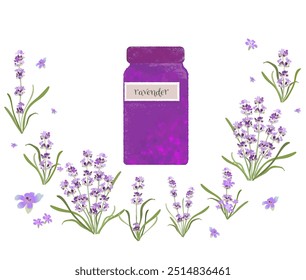 Muchas flores de lavanda y aceite esencial de lavanda