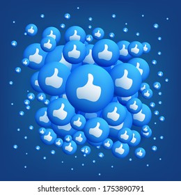 Lots of Like Buttons, Thumbs Up Signs on Blue Background - Emoticon Vector Design