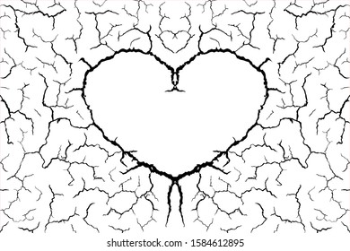 lots lines of crack ground and  heart shape for abstract background on white background