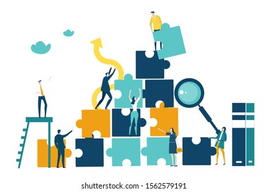 Lots of little business people working together with the puzzle pieces, advisory and support, solving the problems and generating new ideas concept. 