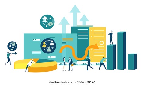 Lots of little business people working together against of note pad, graphs and growth bars, arrows and puzzle pieces and gears, Busy modern life, working together concept, advisory and support. 