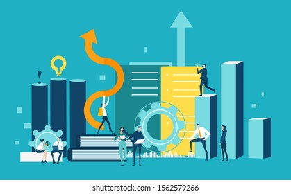 Lots of little business people working together against of note pad, graphs and growth bars, arrows and puzzle pieces and gears, Busy modern life, working together concept, advisory and support. 