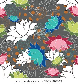 Lots of Lotus flowers, waterlilys nondirectional seamless vector pattern repeat surface design