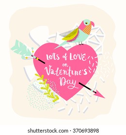 Lot's of love on Valentine's Day. Abstract poster with tropical illustration and parrot